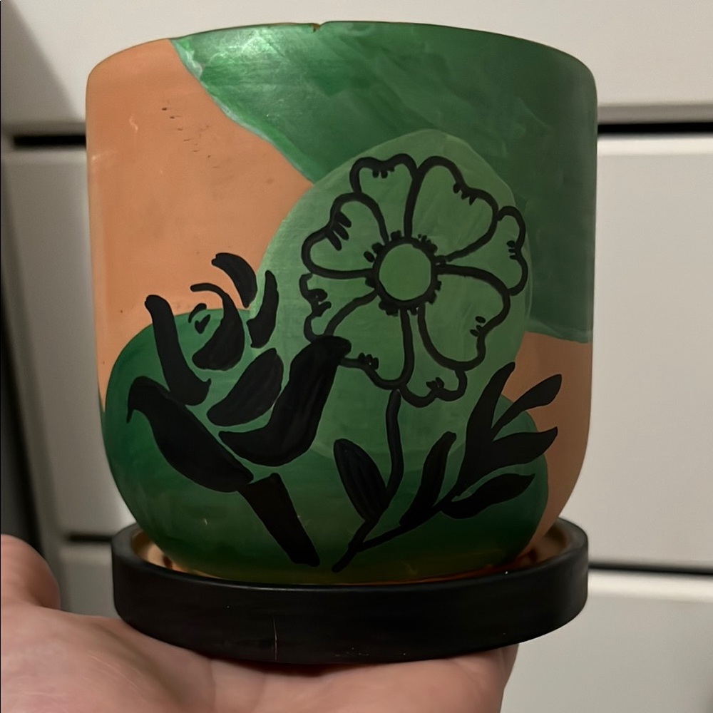 Hand-Painted Floral Planter with Saucer